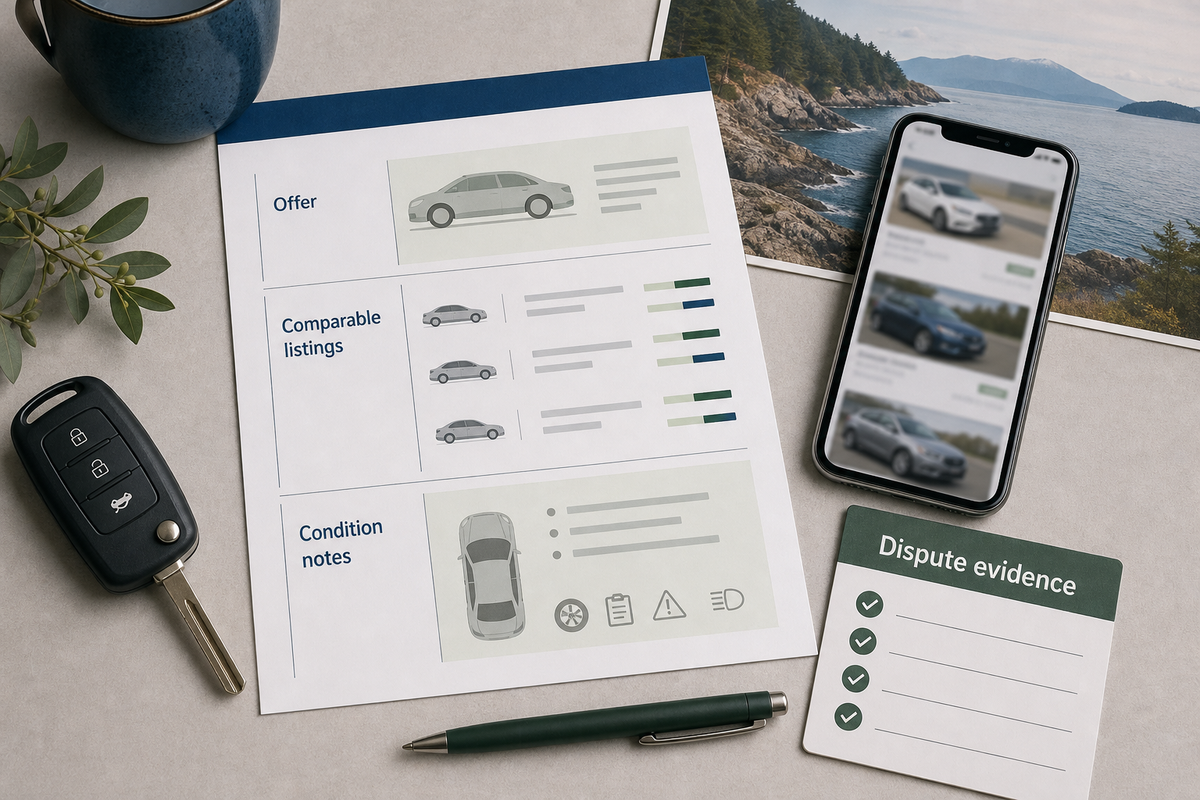 Vehicle valuation evidence checklist with comparable listings and condition notes