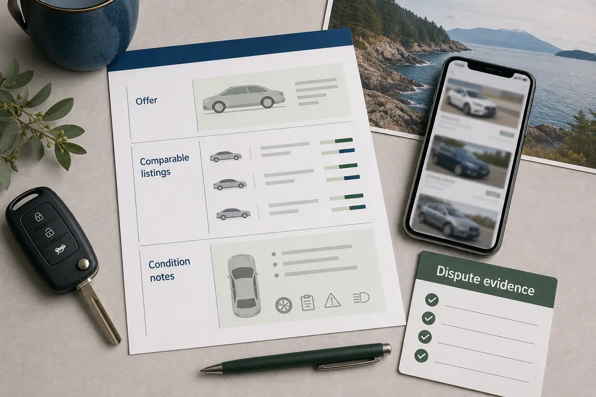 Vehicle valuation evidence checklist with comparable listings and condition notes